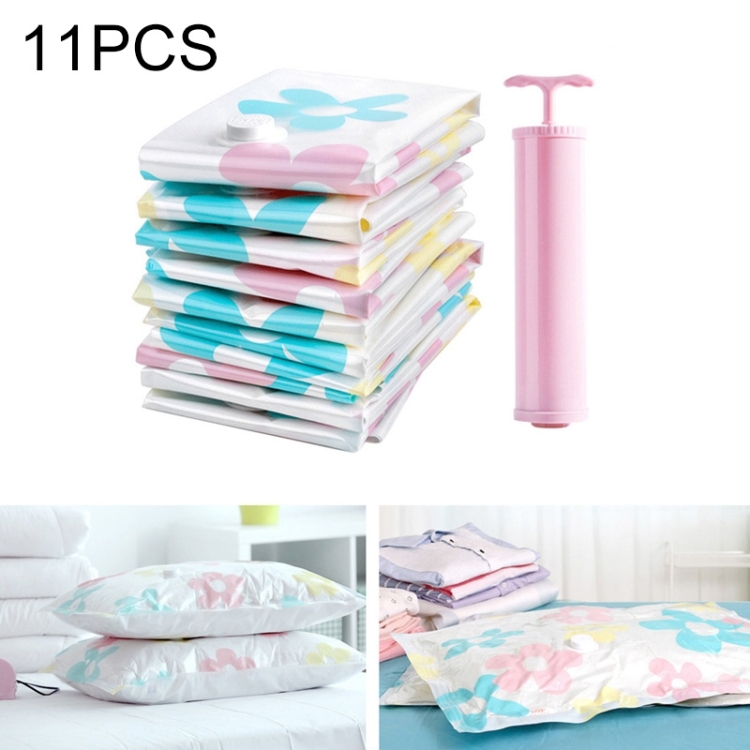 11 PCS Space Saving Sunflowers Pattern Vacuum Storage Bag, Thinken Quilts Clothing Vacuum Seal Storage Bag with a Hand Pump, Including: 3 PCS 80*100 cm,2 PCS 60*80 cm, 3 PCS 50*70 cm, 2 PCS 40*60 cm