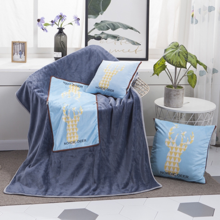 Deer Pattern Multifunctional Plush Blanket Square Pillow Quilt Office Car Pillow Cushion, Size : L