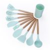 kn082 9 in 1 Wooden Handle Silicone Kitchen Tool Set with Storage Bucket