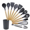 kn082 11 in 1 Wooden Handle Silicone Kitchen Tool Set with Storage Bucket