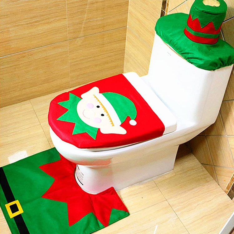 Fancy Christmas Decoration Happy Santa Elf Toilet Seat Cover Rug Bathroom Set