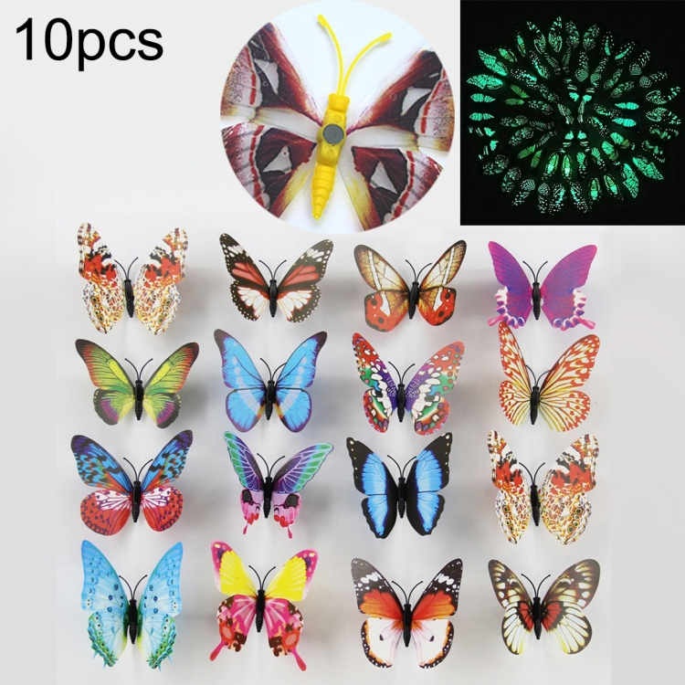 10pcs Fashion Luminous Butterfly with Magnet Simulation Fridge Magnets Wall Sticker Garden Decoration, Random Color Delivery