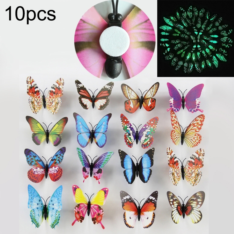10pcs Fashion Luminous Butterfly with Double-sided Adhesive Simulation Fridge Magnets Wall Sticker Garden Decoration, Random Color Delivery