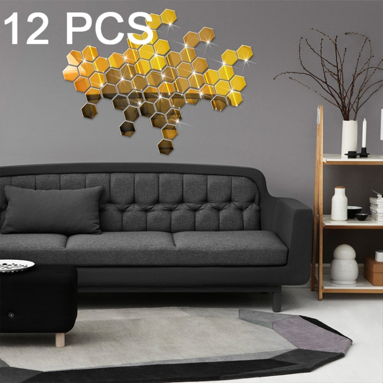 12 PCS 3D Hexagonal Mirror Wall Stickers Set, Size: 8*8cm