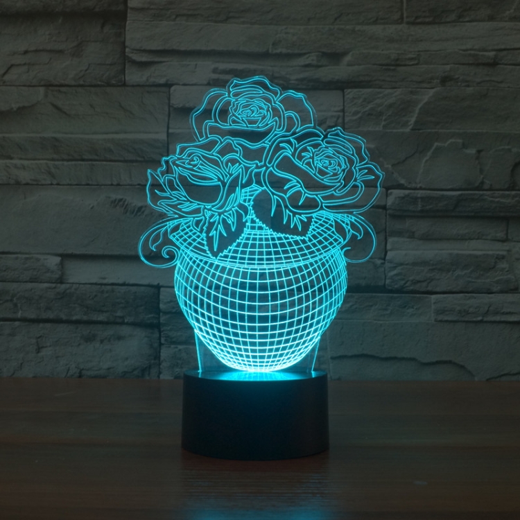 Rose Black Base Creative Colorful 3D LED Decorative Night Light, Rechargeable with Touch Button