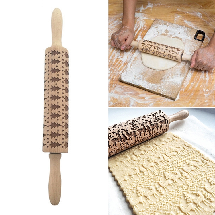 Christmas Embossing Rolling Pin Baking Cookies Fondant Cake Dough Engraved Roller