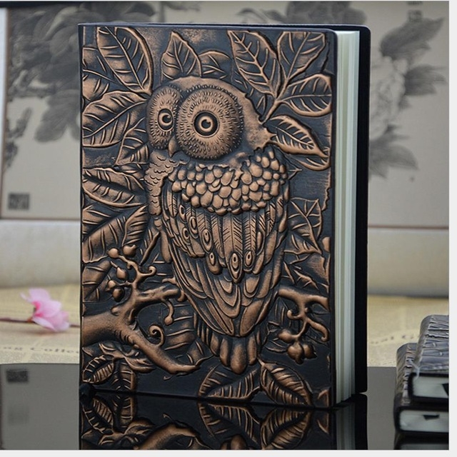 01663 Vintage Thick Handmade Leather Carving Owl Sketchbook Journal Cute Notebook