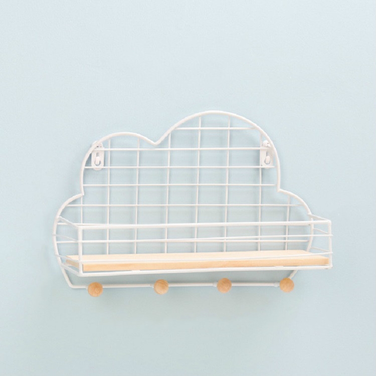 Wrought Iron Grid Cloud Shaped Wall Mounted Shelf Wood Board Home Decoration Hook Rack
