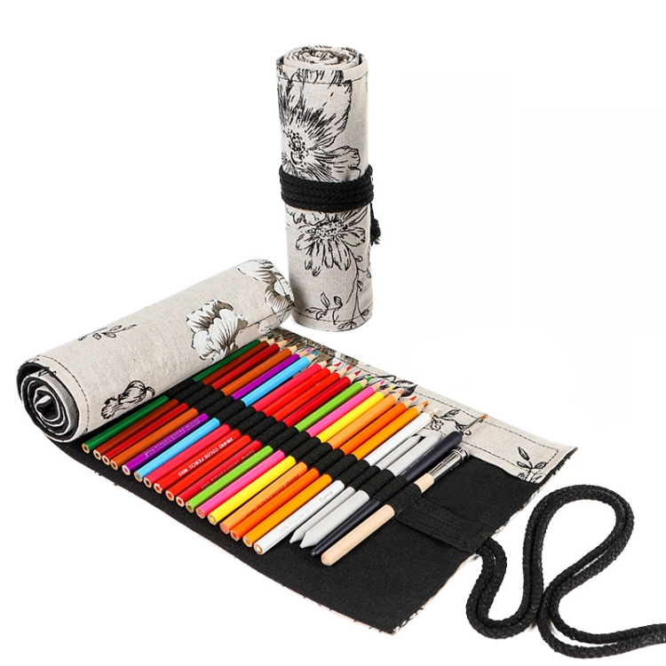 12 Holes Black Peony Printer Canvas Pen Curtain Large Capacity Roller Pen Bag Sketch Color Pencil Stationery Box