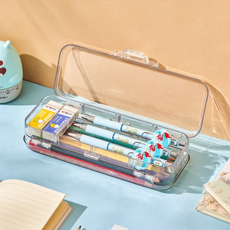 RJ 26 Large Capacity Simple Pen Bag Hand Lifting Transparent Double Layer Student Stationery Storage Box