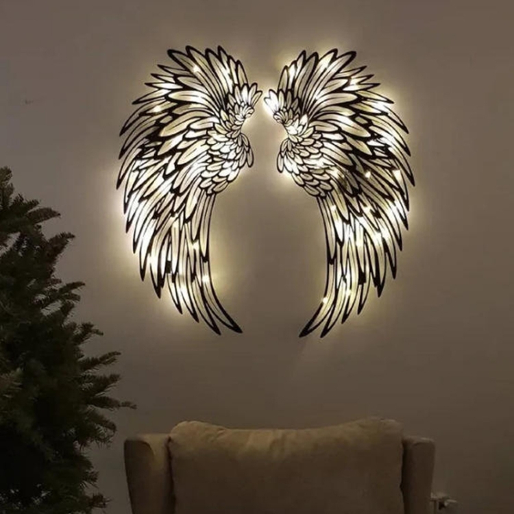 Double Sided Black Engraved Metal LED Angel Wings Wall Hanging Decoration With Lights