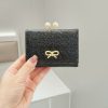 Ruched Textured Bow Pearl Clip Tri-Fold Short Wallet