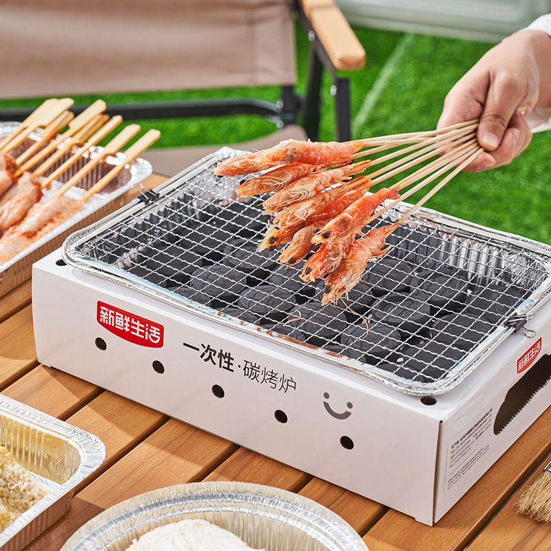 FreshLife Disposable BBQ Grill for 2–3 People, Portable Charcoal Grill Kit with Tongs, Brush, Lighter, Garbage Bag, Manual – Easy Assembly, 3-Hour Burn – Ideal for Camping & Outdoor Cooking