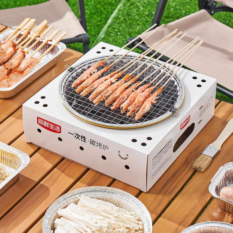 FreshLife Disposable BBQ Grill for 2–3 People, Portable Charcoal Grill Kit with Tongs, Brush, Lighter, Garbage Bag, Manual – Easy Assembly, 3-Hour Burn – Ideal for Camping & Outdoor Cooking
