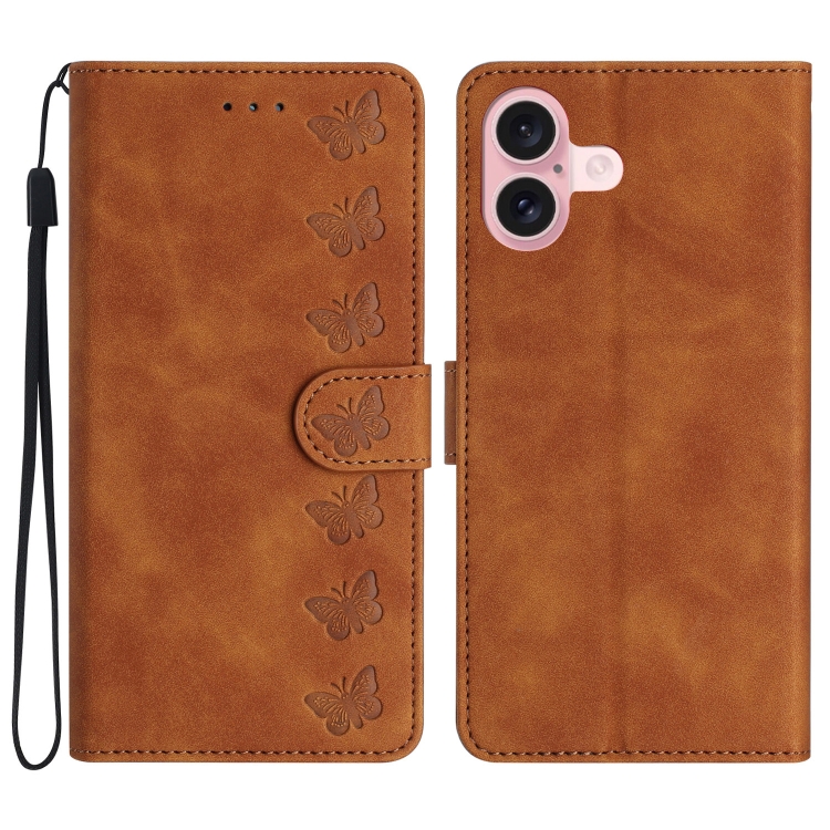 Seven Butterflies Embossed Leather Phone Case, For iPhone 16, For iPhone 15 Pro Max, For iPhone 15 Pro, For iPhone 15 Plus