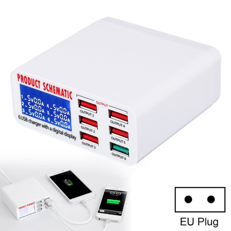 896 40W QC 3.0 6 USB Ports Fast Charger with LCD Digital Display, EU Plug, 896
