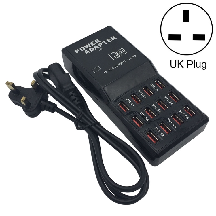 W-858 12A 12 Ports USB Fast Charging Dock Desktop Smart Charger AC100-240V, UK Plug, UK Plug