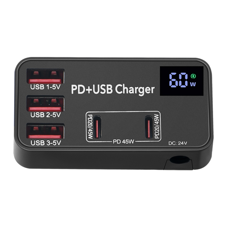 988B 5 in 1 DC 24V Dual USB-C/Type-C+3 USB Ports Multifunctional Digital Display Fast Charger