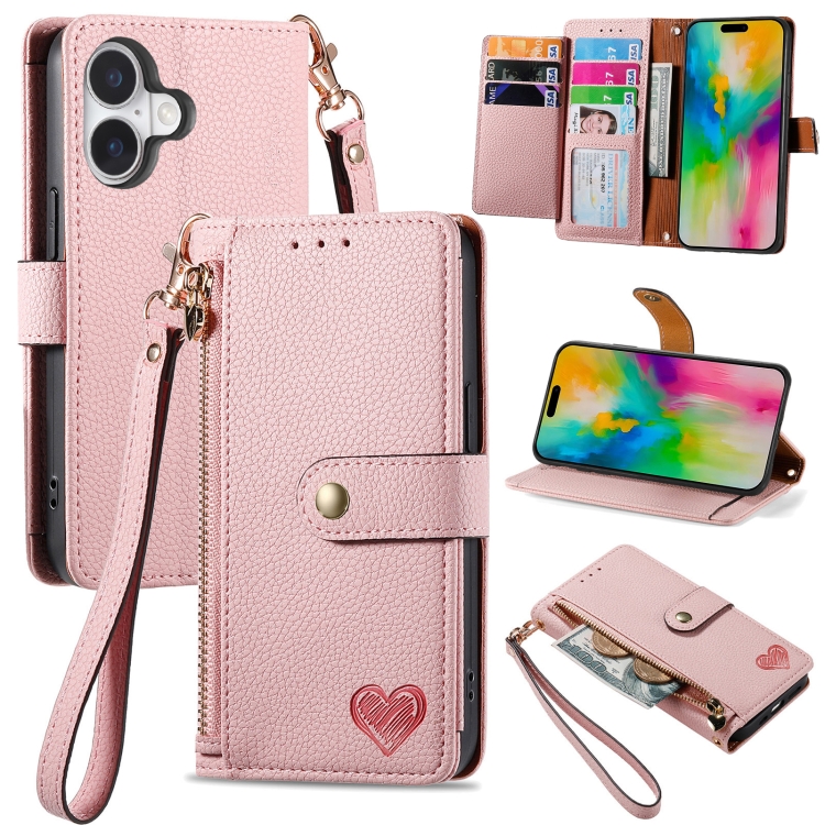Love Zipper Lanyard Leather Phone Case, For iPhone 16, For iPhone 15 Pro Max, For iPhone 15 Pro, For iPhone 15 Plus