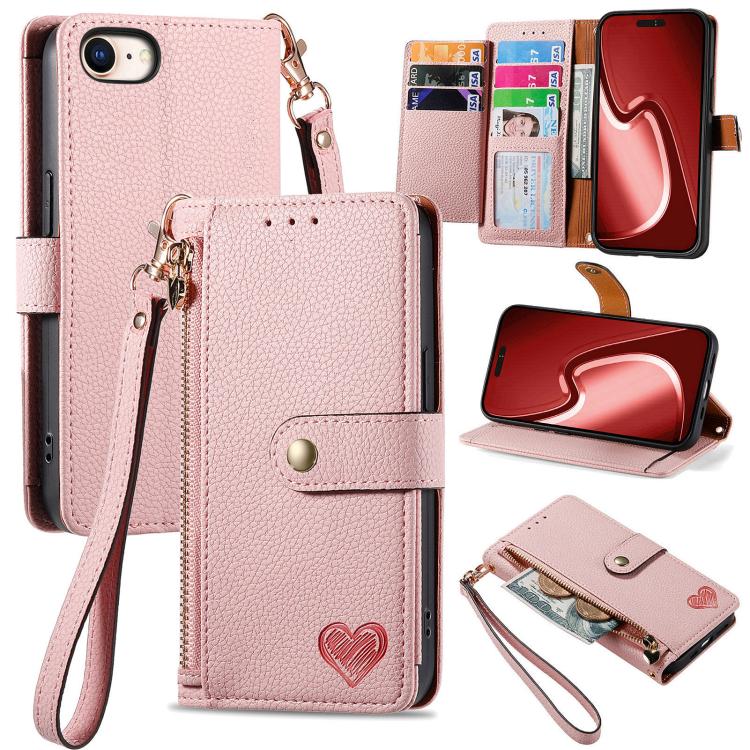 Love Zipper Lanyard Leather Phone Case, For iPhone 16e, For iPhone 16 Pro Max, For iPhone 16 Pro, For iPhone 16 Plus