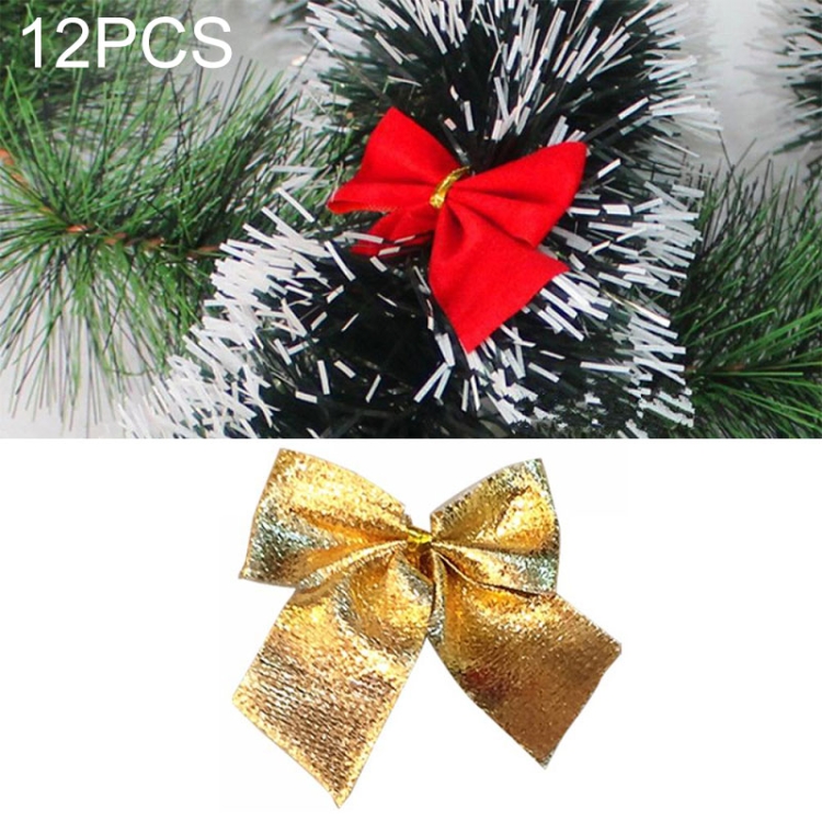 12 PCS Flocked Bow Christmas Tree Decoration, gold, red, silver