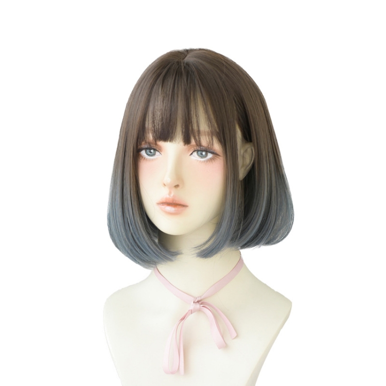Wig Female Short Hair Bobo Student Head Round Face Full Top Headgear Natural Gradient Color Internal Buckle Straight Hair