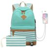 2 PCS/Set Printed Canvas Backpack Student School Bag Striped Large Capacity Backpack, Green, Black, Dark Blue, Pink, Grey