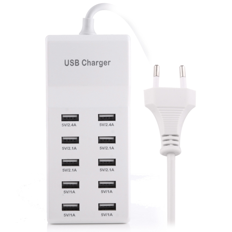 5V 2.4A / 2.1A / 1A 10-Port USB Charger Adapter, EU Plug