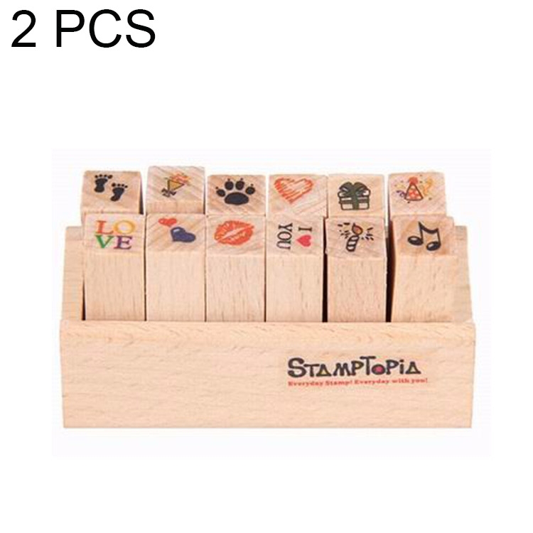 2 Sets D25 12PCS/Set Wooden Cartoon Handbook Decoration Stamps