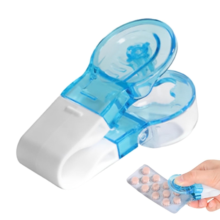 Portable Pill Taker Tablets Pills Blister Pack Opener Pills Box Case, Blue, Transparent