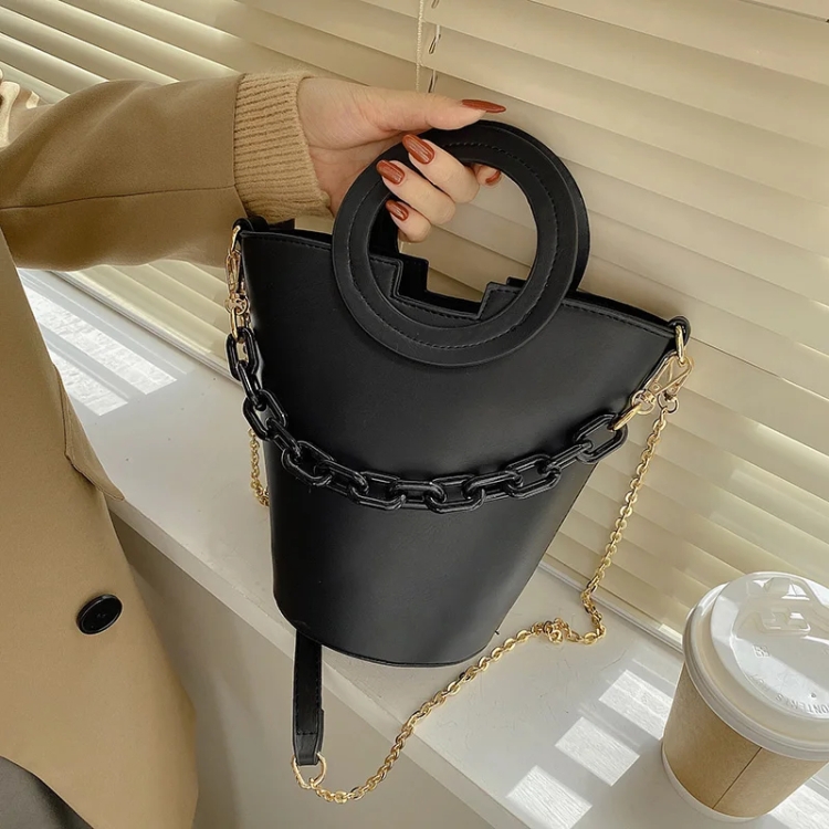 Women Casual Bucket Handbag Round Chain Shoulder Crossbody Bag