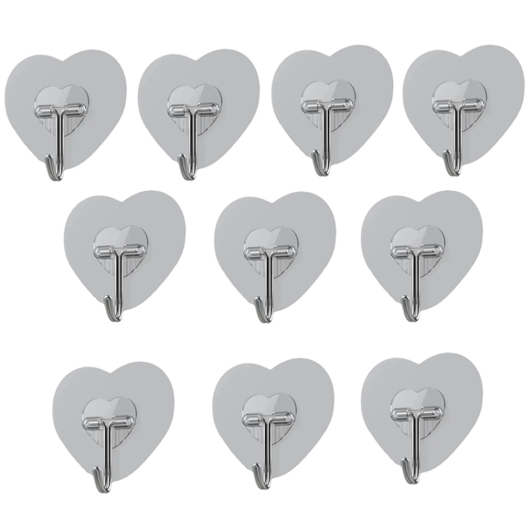 Transparent Self Adhesive Heart-shaped Hooks Door Wall Multi-Function Key Storage Hanger, 10pcs