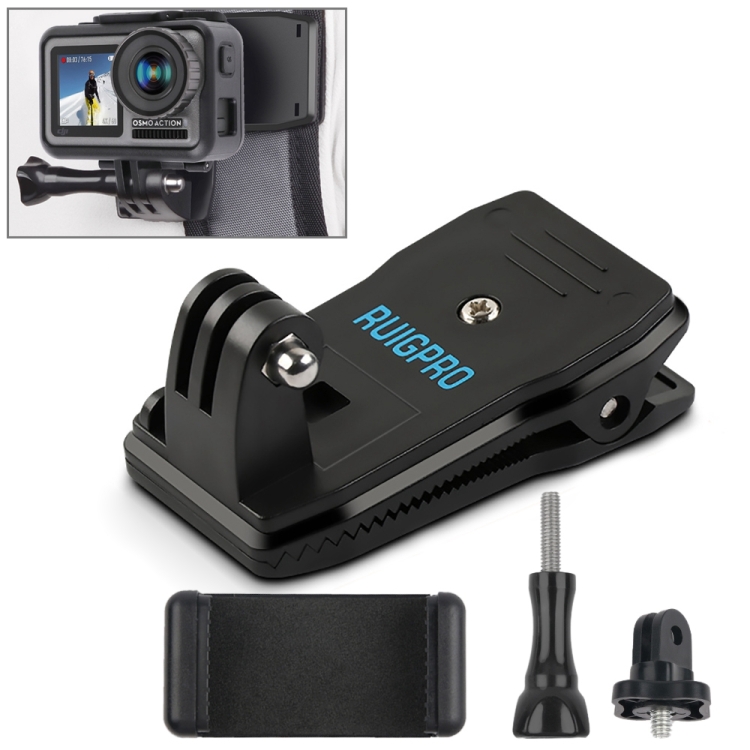 RUIGPRO 360 Degree Rotation Backpack Rec-Mounts Clip Clamp Mount + Phone Clamp for GoPro, Insta360, DJI and Other Action Cameras