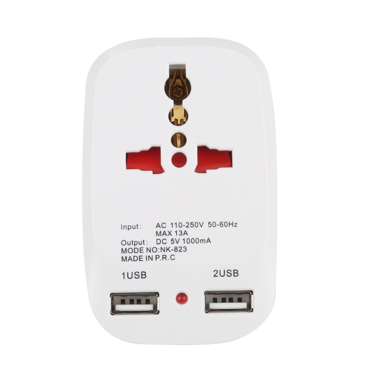NK-823 2000W Dual USB Travel Charger Power Adapter Socket, UK Plug