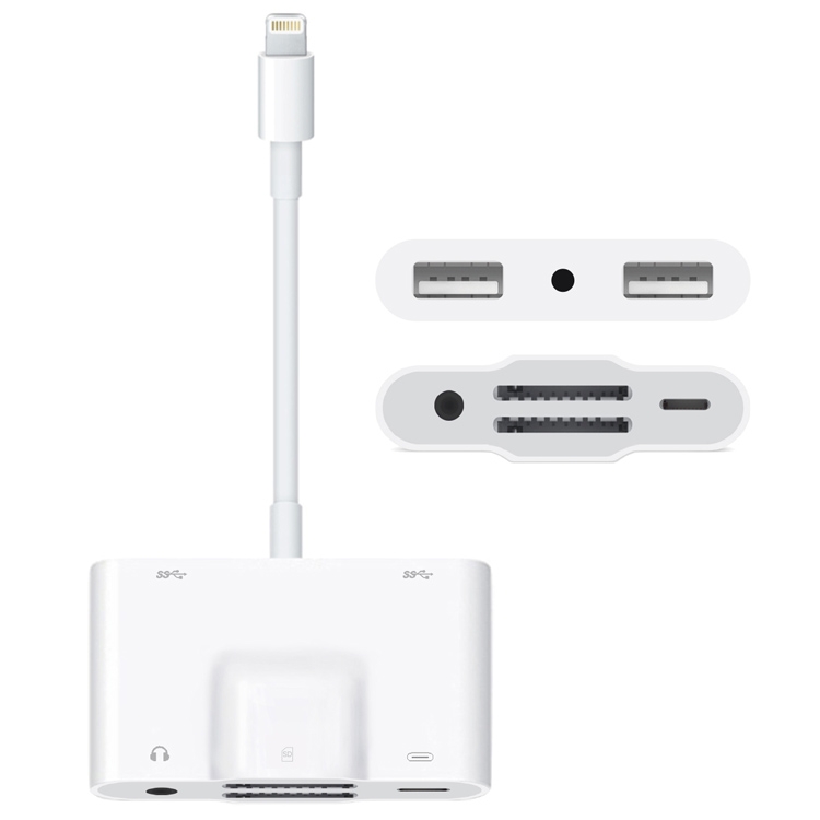 NK-1042 6 in 1 8 Pin Male to Dual USB + Dual SD Card + 3.5mm Audio Interface + 8 Pin Charging Interface Female Port Camera Adapter