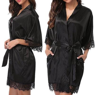 Half Sleeve Robe Women Faux Silk Pajama Sexy Night Dress