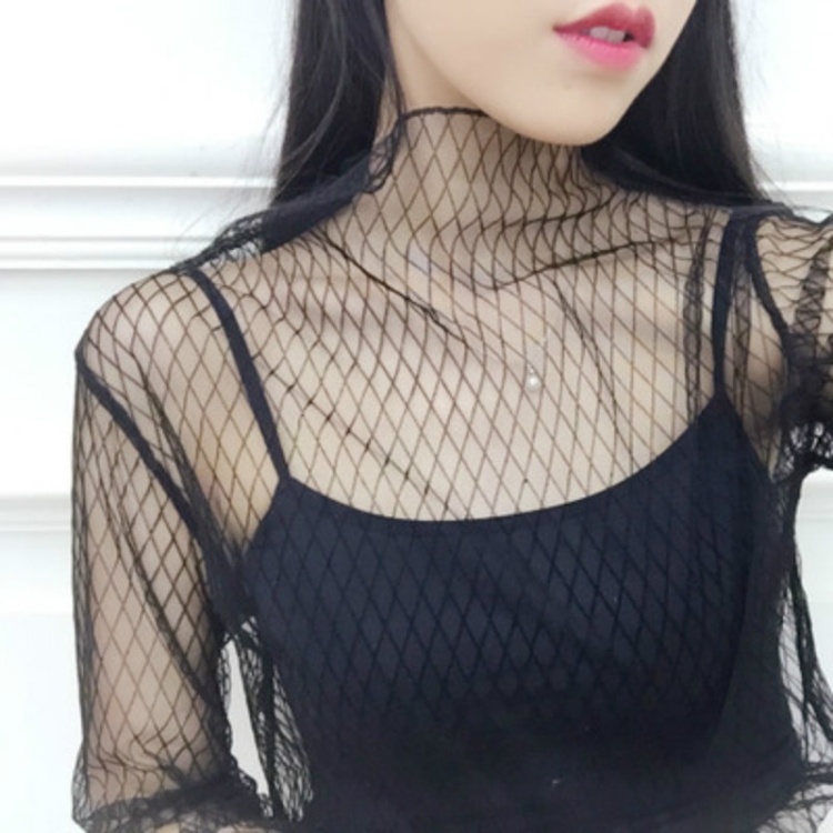 Sexy Mesh High Collar Long Sleeve Bottoming Blouse