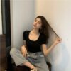 Square Neck Slim Crop Top Summer Short Sleeve Bottoming Shirt