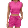 Women Summer Solid Color Round Neck T-Shirt Drawstring Pocket Shorts Suit