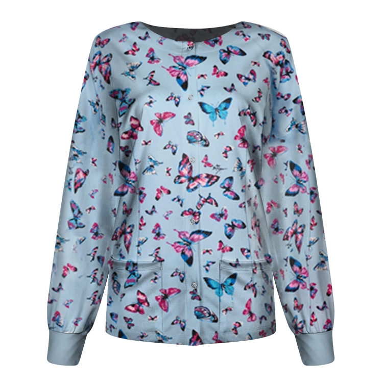 Round Neck Printed Nurse Clothes Long Sleeve Top (Color:Blue Size:XXXL)