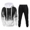 Men Loose Print Hoodie Sport Sweatshirt Set (Color:Army Green Size:XXXL)