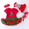 Baby Christmas Clothes Short-sleeved Cartoon Print Lace Dress Four-piece (Color:Elk Size:80)