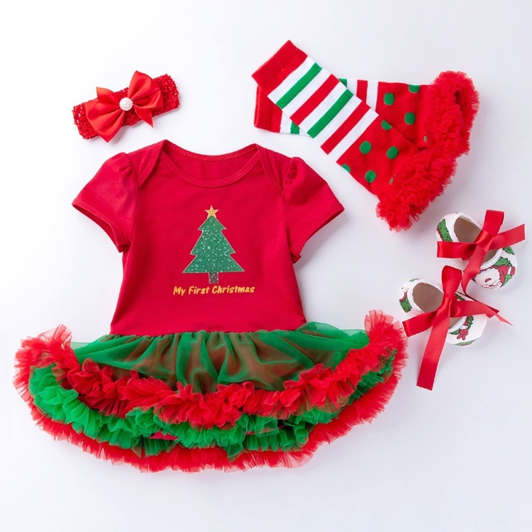 Baby Christmas Clothes Short-sleeved Cartoon Print Lace Dress Four-piece (Color:Elk Size:80)