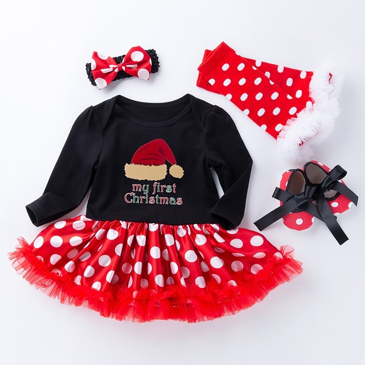 Christmas High Quality Cotton Circle Dot Long Sleeve Dress Four-piece Girl Suit (Color:Christmas Stocking Size:80)