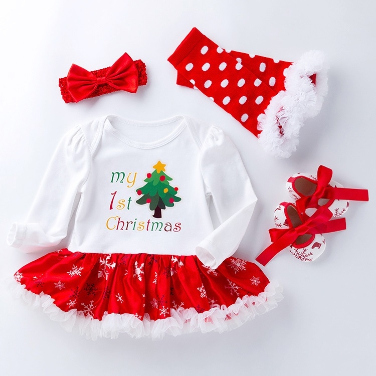 Four-piece Baby Snowflake Long-sleeved Dress (Color:Candy Size:59)