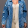 Women Plus Size Mid-length Ripped Denim Trench Coat