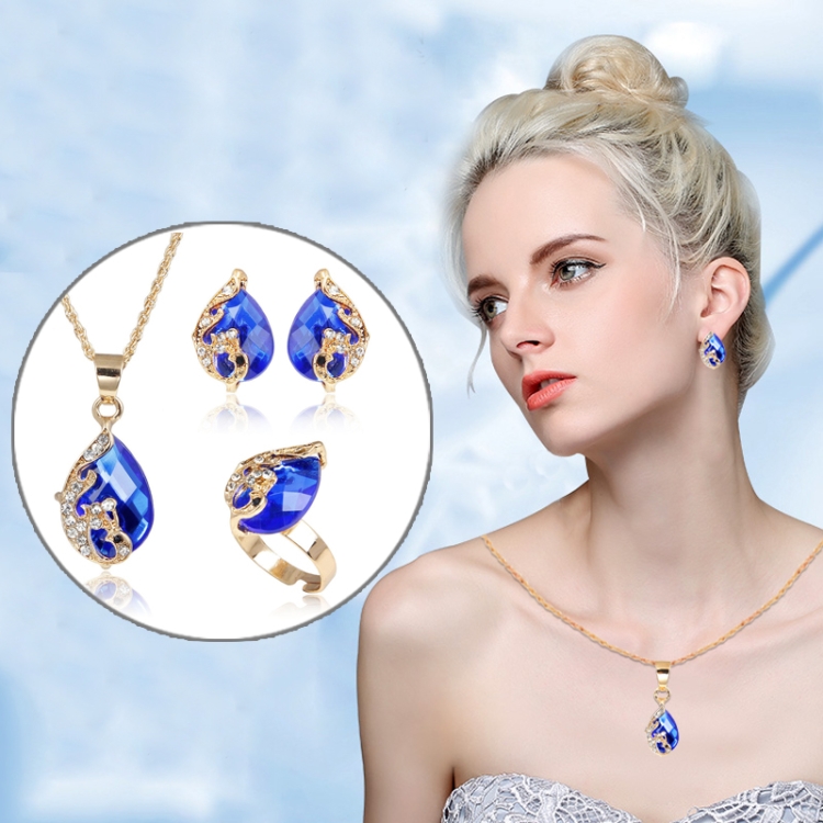 3 in 1 Women Beautiful Peacock Crystal-like Necklace Ring Earrings Jewelry Set