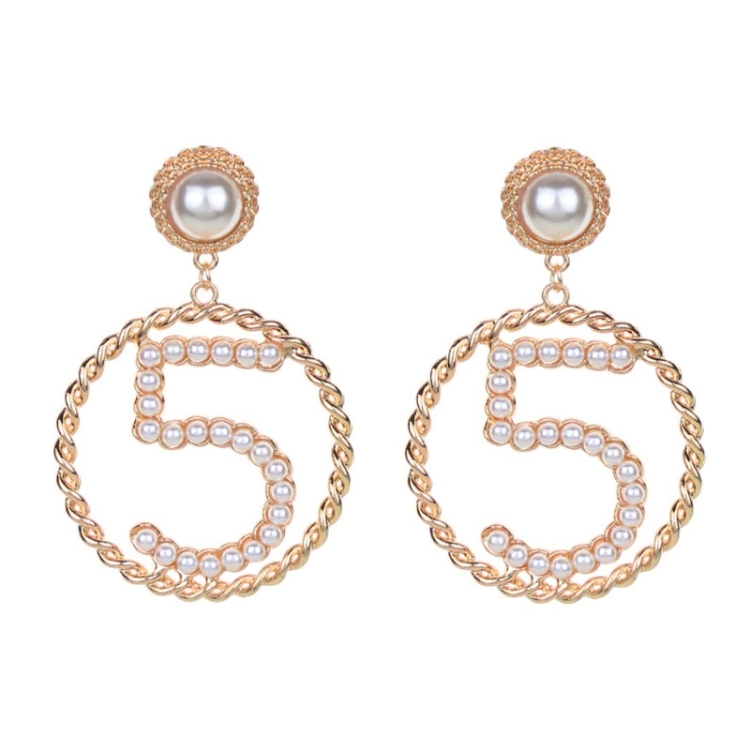 Women Simple Metal Braided Hollow Ring Earrings Personality Number 5 Pearl Earrings