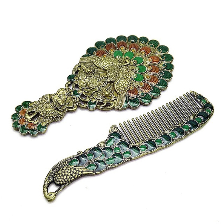 Vintage Handle Peacock Mirror Gift Box Comb Two-piece Portable Makeup Mirror