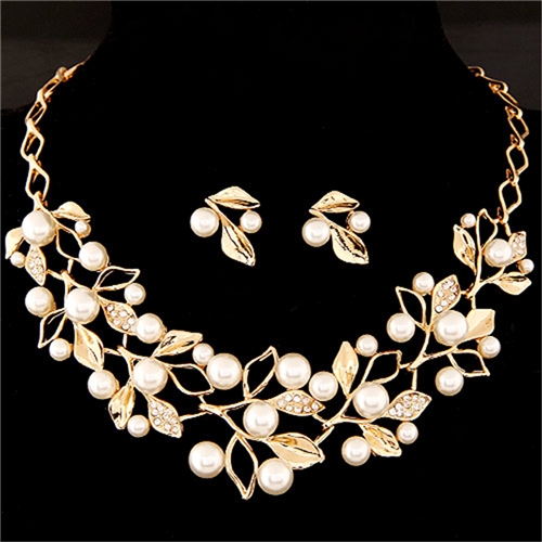 Leaf Crystal Simulated Pearl Wedding Jewelry Necklaces Earrings Sets